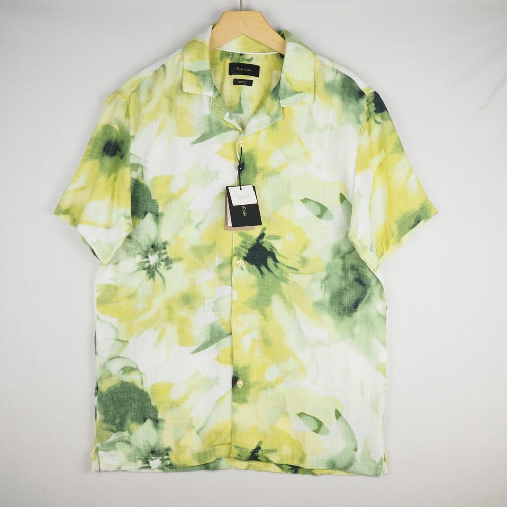 NWT Porter & Ash Floral Print Linen Blend Shirt Mens S Green Ivory Watercolor